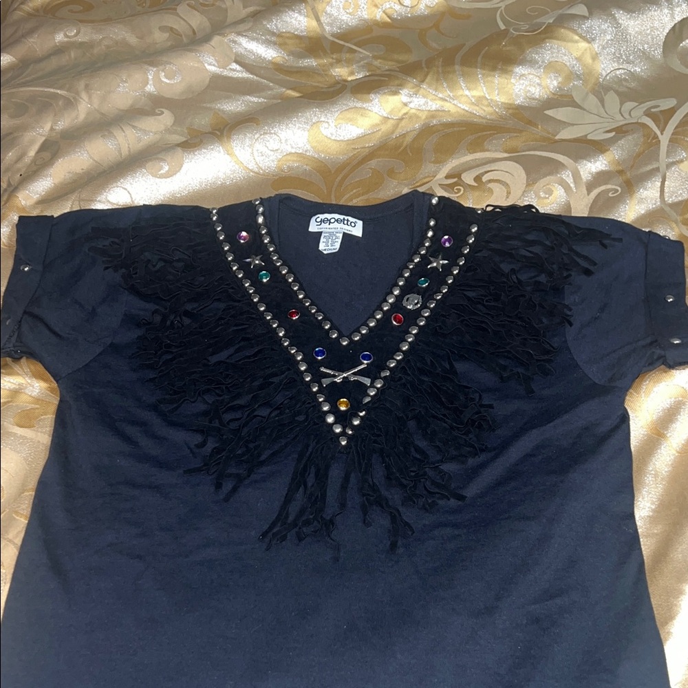 Gepetto Embellished Black Fringe V-Neck Tee w/Shoulder Pads Size M